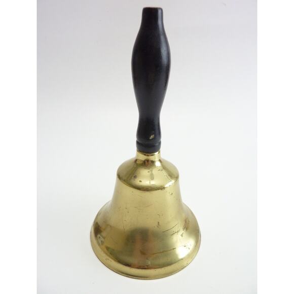 Vintage Brass Hand Bell Black Wood Handle Old School Schoolhouse Bell - Picture 2 of 4